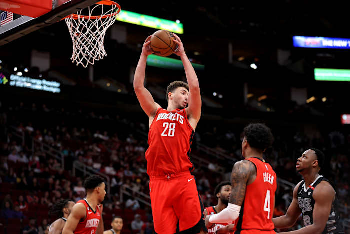 Mar 5, 2023; Houston, Texas, USA; Houston Rockets center Alperen Sengun (28) rebounds against the San Antonio Spurs during the third quarter at Toyota Center. Mandatory Credit: Erik Williams-USA TODAY Sports